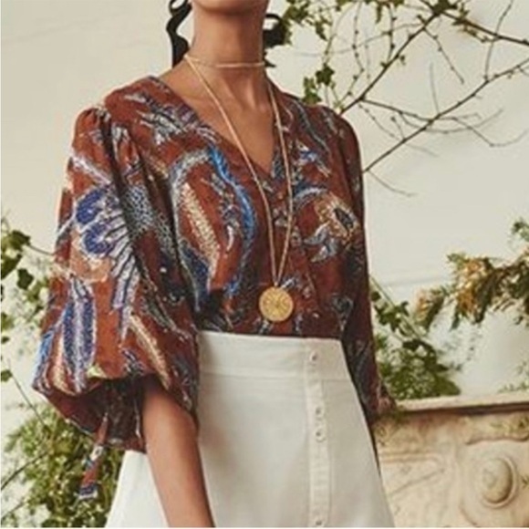 Cara Cara Tops - Cara Cara Win Batik Floral Tie Sleeve Blouse Brown Boho Peasant Size Medium